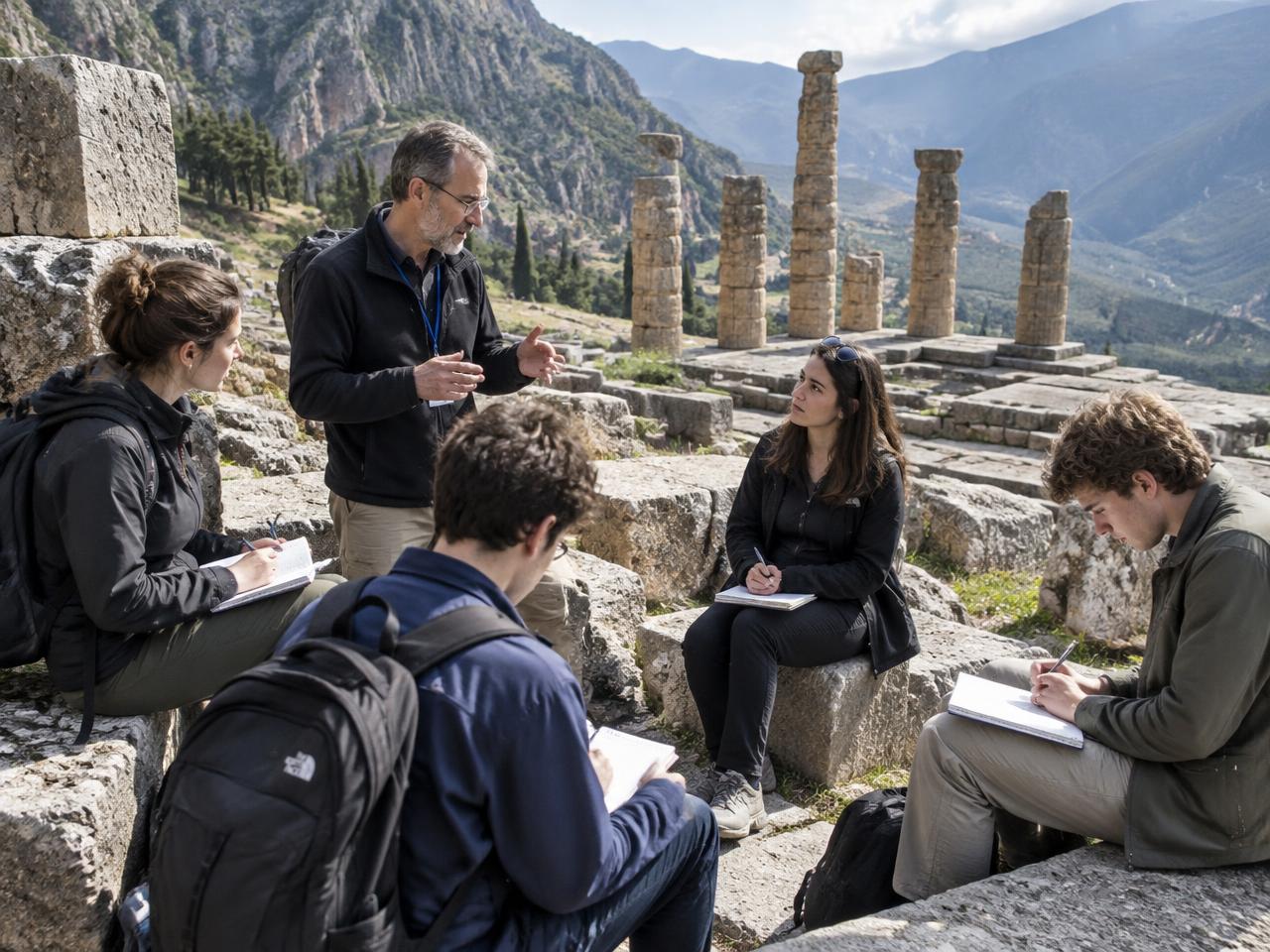 University students studying with a professor at Delphi